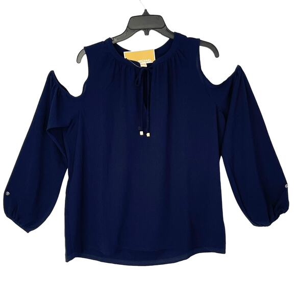 Michael Kors Cold Shoulder Long Sleeve Blouse - Midnight Blue Size Large - $110 - Picture 1 of 7